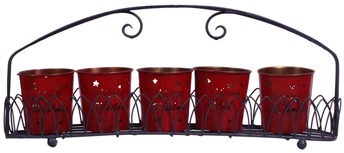 Set of 5 Red Tea-Light Candle Holders with Black Stand - Merry Christmas & Star Shaped Cut-Out Patterns - Metal Votive Candle Stands - Decorating Items / Holiday Gifts from India - Buy in Bulk Wholesale